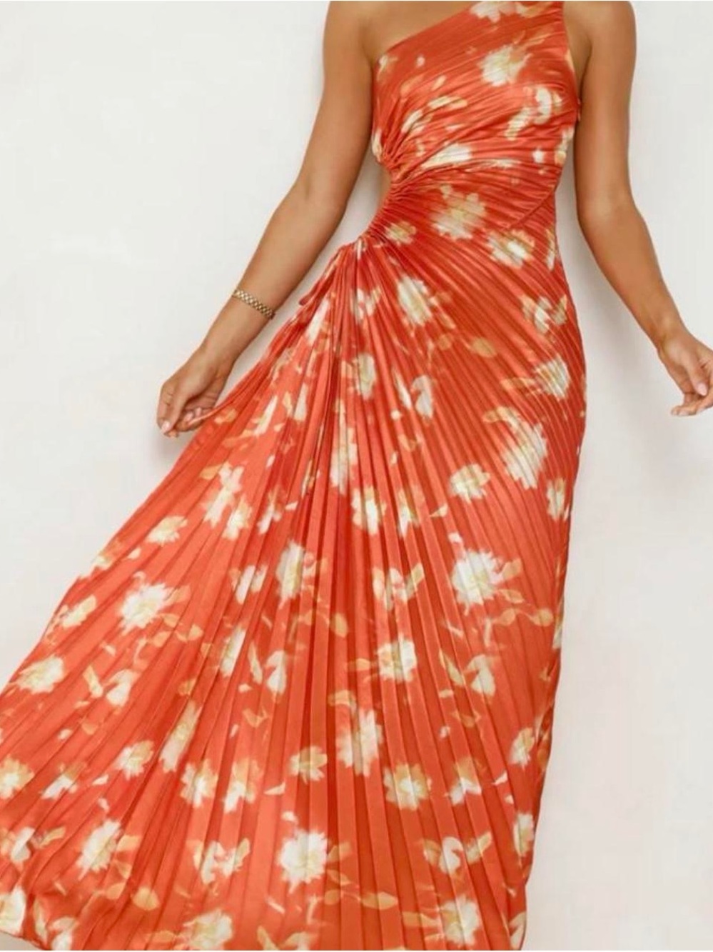 Hello Molly Satin Red One-Shoulder Cutout Pleated Maxi